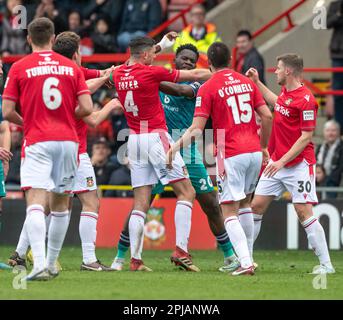 Mike Fondop of Oldham Athletic Association Football Club is celebrating ...