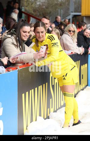 Crawley, UK. 01st Apr, 2023. Broadfield Stadium, Crawley, UK, April 01, 2023 Mary Earps (27, Manchester United) posing for selfies after a WSL game on 01 April, 2023, between Brighton & Hove Albion and Manchester United at the Broadfield Stadium, Crawley, UK (Bettina Weissensteiner/SPP) Credit: SPP Sport Press Photo. /Alamy Live News Stock Photo