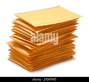 Pile of Yellow Padded Envvelopes Cut Out on White. Stock Photo