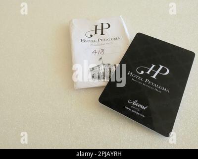 RFID key card for the Hotel Petaluma, a historic and boutique hotel built in 1923; Petaluma, Sonoma County, California, USA. Stock Photo