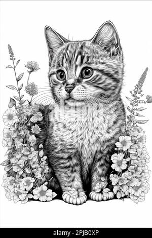 A black and white coloring book page featuring a cat sitting on a bed of flowers Stock Photo