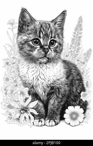 A black and white coloring book page featuring a cat sitting on a bed of flowers Stock Photo