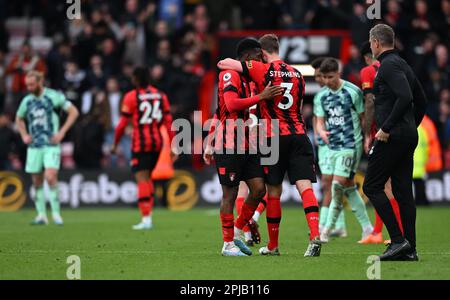 1st April 2023; Vitality Stadium, Boscombe, Dorset, England: Premier League Football, AFC Bournemouth versus Fulham; Bournemouth players celebrate winning the match 2-1 Credit: Action Plus Sports Images/Alamy Live News Stock Photo