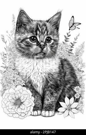 A black and white coloring book page featuring a cat sitting on a bed of flowers Stock Photo