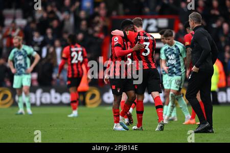 1st April 2023; Vitality Stadium, Boscombe, Dorset, England: Premier League Football, AFC Bournemouth versus Fulham; Bournemouth players celebrate winning the match 2-1 Credit: Action Plus Sports Images/Alamy Live News Stock Photo