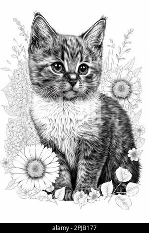 A black and white coloring book page featuring a cat sitting on a bed of flowers Stock Photo