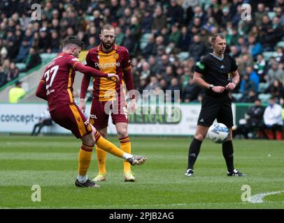 EDINBURGH, SCOTLAND - APRIL 1 2023:  Motherwell midfielder, Sean Goss, opens the scoring for the visitors in the 7th minute of the cinch Premiership match between Hibs and Motherwell at Easter Road Stadium on April 1 2023 in Edinburgh, United Kingdom. (Photo by Ian Jacobs) Credit: Ian Jacobs/Alamy Live News Stock Photo