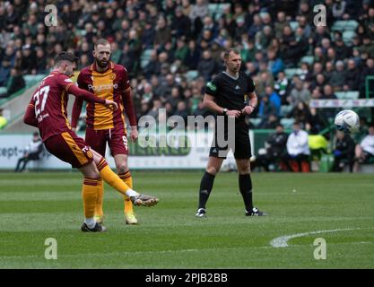 EDINBURGH, SCOTLAND - APRIL 1 2023:  Motherwell midfielder, Sean Goss, opens the scoring for the visitors in the 7th minute of the cinch Premiership match between Hibs and Motherwell at Easter Road Stadium on April 1 2023 in Edinburgh, United Kingdom. (Photo by Ian Jacobs) Credit: Ian Jacobs/Alamy Live News Stock Photo