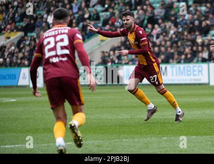 EDINBURGH, SCOTLAND - APRIL 1 2023: Motherwell midfielder, Sean Goss, celebrates after putting the visitors 1-0 ahead in the 7th minute of the cinch Premiership match between Hibs and Motherwell at Easter Road Stadium on April 1 2023 in Edinburgh, United Kingdom. (Photo by Ian Jacobs) Credit: Ian Jacobs/Alamy Live News Stock Photo