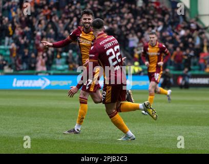 EDINBURGH, SCOTLAND - APRIL 1 2023: Motherwell midfielder, Sean Goss, celebrates after putting the visitors 1-0 ahead in the 7th minute of the cinch Premiership match between Hibs and Motherwell at Easter Road Stadium on April 1 2023 in Edinburgh, United Kingdom. (Photo by Ian Jacobs) Credit: Ian Jacobs/Alamy Live News Stock Photo