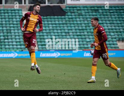 EDINBURGH, SCOTLAND - APRIL 1 2023: Motherwell midfielder, Sean Goss, celebrates after putting the visitors 1-0 ahead in the 7th minute of the cinch Premiership match between Hibs and Motherwell at Easter Road Stadium on April 1 2023 in Edinburgh, United Kingdom. (Photo by Ian Jacobs) Credit: Ian Jacobs/Alamy Live News Stock Photo