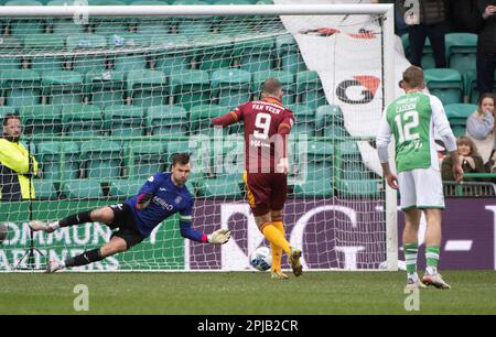 EDINBURGH, SCOTLAND - APRIL 1 2023:  Motherwell forward, Kevin van Veen, scores from the penalty spot for the visitors in the 54th minute of the cinch Premiership match between Hibs and Motherwell at Easter Road Stadium on April 1 2023 in Edinburgh, United Kingdom. (Photo by Ian Jacobs) Credit: Ian Jacobs/Alamy Live News Stock Photo