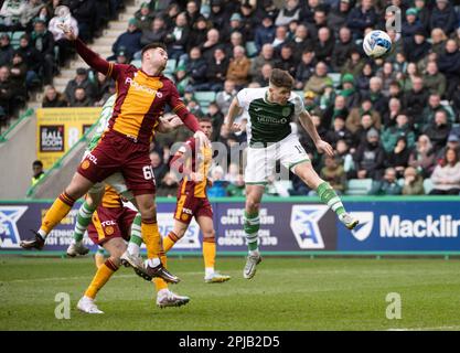 EDINBURGH, SCOTLAND - APRIL 1 2023:  HibsÕ striker, Kevin Nisbet, opens the scoring for the home side in the 62nd minute of the cinch Premiership match between Hibs and Motherwell at Easter Road Stadium on April 1 2023 in Edinburgh, United Kingdom. (Photo by Ian Jacobs) Credit: Ian Jacobs/Alamy Live News Stock Photo