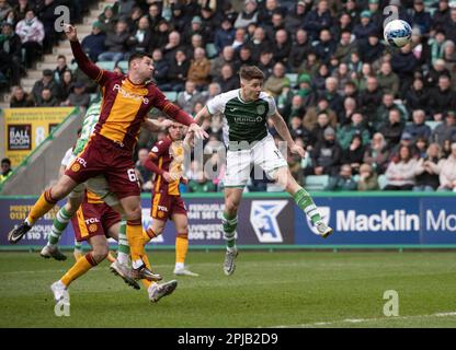 EDINBURGH, SCOTLAND - APRIL 1 2023:  HibsÕ striker, Kevin Nisbet, opens the scoring for the home side in the 62nd minute of the cinch Premiership match between Hibs and Motherwell at Easter Road Stadium on April 1 2023 in Edinburgh, United Kingdom. (Photo by Ian Jacobs) Credit: Ian Jacobs/Alamy Live News Stock Photo