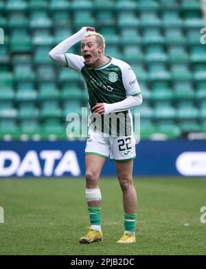 EDINBURGH, SCOTLAND - APRIL 1 2023:  An exasperated HibsÕ forward, Harry McKirdy, during the cinch Premiership match between Hibs and Motherwell at Easter Road Stadium on April 1 2023 in Edinburgh, United Kingdom. (Photo by Ian Jacobs) Credit: Ian Jacobs/Alamy Live News Stock Photo