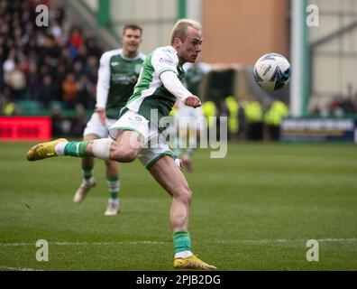 EDINBURGH, SCOTLAND - APRIL 1 2023:  HibsÕ forward, Harry McKirdy, shoots for goal during the cinch Premiership match between Hibs and Motherwell at Easter Road Stadium on April 1 2023 in Edinburgh, United Kingdom. (Photo by Ian Jacobs) Credit: Ian Jacobs/Alamy Live News Stock Photo