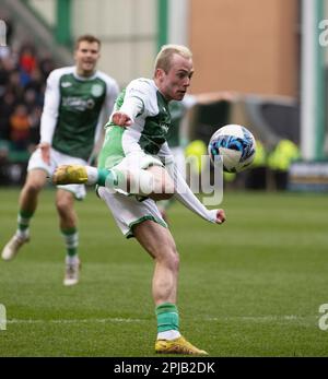 EDINBURGH, SCOTLAND - APRIL 1 2023:  HibsÕ forward, Harry McKirdy, shoots for goal during the cinch Premiership match between Hibs and Motherwell at Easter Road Stadium on April 1 2023 in Edinburgh, United Kingdom. (Photo by Ian Jacobs) Credit: Ian Jacobs/Alamy Live News Stock Photo