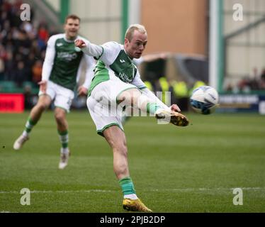 EDINBURGH, SCOTLAND - APRIL 1 2023:  HibsÕ forward, Harry McKirdy, shoots for goal during the cinch Premiership match between Hibs and Motherwell at Easter Road Stadium on April 1 2023 in Edinburgh, United Kingdom. (Photo by Ian Jacobs) Credit: Ian Jacobs/Alamy Live News Stock Photo