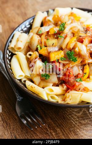 Penne Pasta with Hungarian Wax Peppers and Tomatoes. Stock Photo