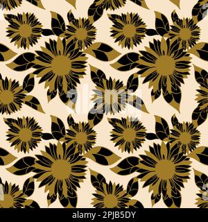 seamless pattern of large black flower buds with a golden outline on a beige background, bright floral texture, design Stock Photo