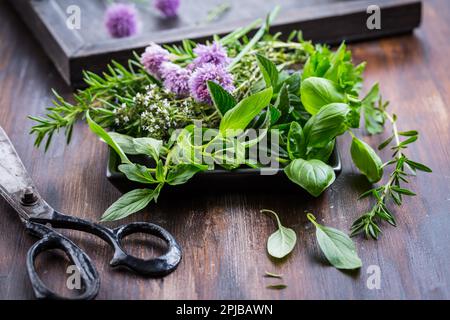 Bunch of different herbs for cooking on wooden background Stock Photo
