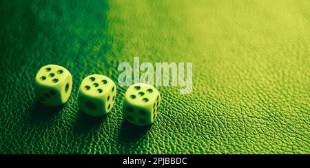 Dice with fives on a green leather table. Stock Photo