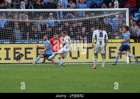 1st April 2023;  Allianz Stadium, Sydney, NSW, Australia: A-League Football, Sydney FC versus Western United; Connor Pain of Western United strikes the ball and scores  giving his team a 2-1 advantage in the 25th minute Stock Photo