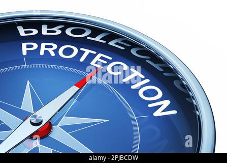 3D rendering of a compass with a protection icon Stock Photo