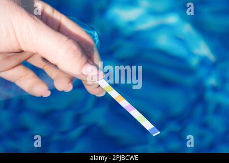 Testing the water quality in the pool with test strips Stock Photo