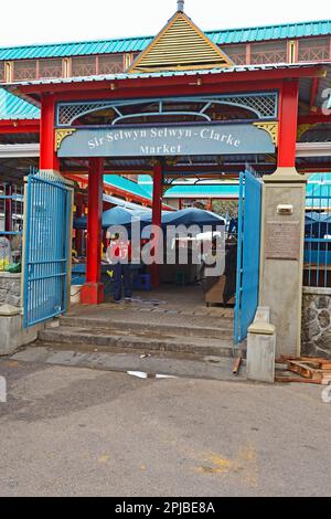 Entrance to Sir Selwyn Selwyn-Clarke Market, Victoria, Mahe Island, Seychelles Stock Photo