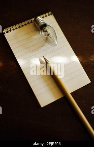 Open notebook with pen and light bulb on a wooden table Stock Photo