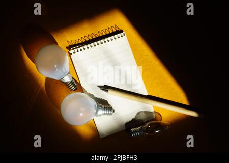 Notebook with pen and light bulbs on a sunny wooden table. Stock Photo