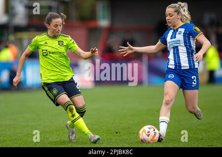 1 April 2023. Ona Batlle, Poppy Pattinson. Barclays Women's Super League game between Brighton & Manchester United, Broadfield Stadium (Crawley). Stock Photo