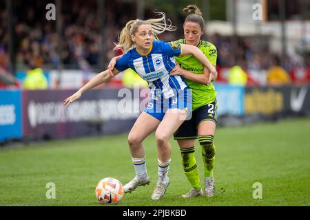 1 April 2023. Poppy Pattinson, Ona Batlle. Barclays Women's Super League game between Brighton & Manchester United, Broadfield Stadium (Crawley). Stock Photo