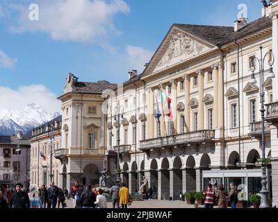 The main square in Aosta, Piazza Emile Chanoux with the Town Hall on the right. Aosta Valley Italy Stock Photo