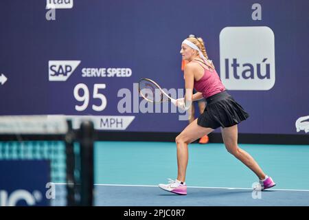 Miami Gardens, FL, USA. 1st April 2023. [WTA] [10] E. Rybakina (KAZ) vs [15] P. Kvitova (CZE) during the world tennis tournament at the 2023 Miami Open powered by Itau. Won: Petra Kvitova. Credit: Yaroslav Sabitov/YES Market Media/Alamy Live News. Stock Photo