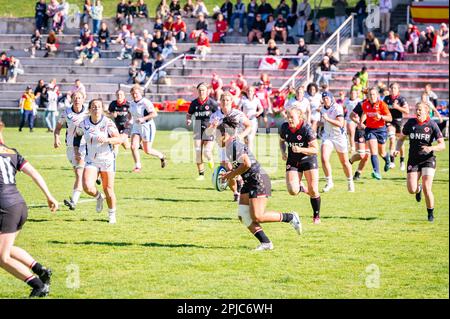 Madrid, Spain. 01st Apr, 2023. Fabiola Forteza (Canada) in action during the womenâ&#x80;&#x99;s rugby match between Canada and USA valid for the World Rugby Pacific Four Series 2023 played at Estadio Nacional Universidad Complutense, Madrid, Spain on Saturday 01 April 2023 Credit: Independent Photo Agency/Alamy Live News Stock Photo