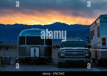 Death Valley CA USA Feb 16, 2023 Sunset at the Stovepipe Wells Village Campground Stock Photo