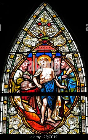 Thomas touching the spear wound of Jesus, by Ward  & Hughes, 1869, stained glass window, Stanhoe, Norfolk Stock Photo