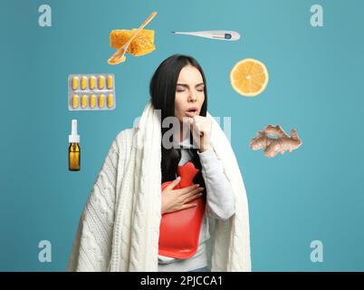 SIck woman with hot water bottle surrounded by different drugs and products for illness treatment on light blue background Stock Photo