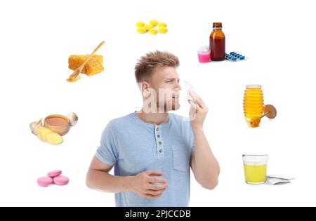 SIck man surrounded by different drugs and products for illness treatment on white background Stock Photo