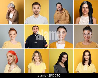 Collage with photos of attractive people on different color backgrounds Stock Photo