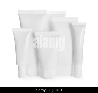 Blank tubes and jars of cosmetic products on white background Stock ...
