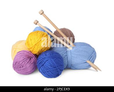 Soft woolen yarns and knitting needles on white background Stock Photo