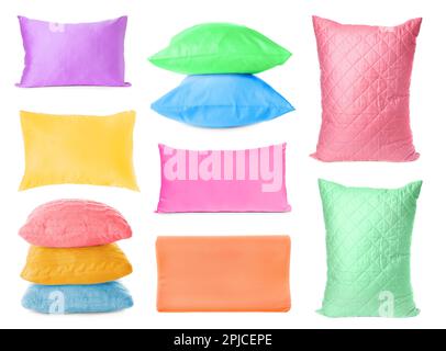 Set with different soft pillows on white background Stock Photo