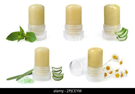 Set with different natural crystal alum deodorants on white background Stock Photo