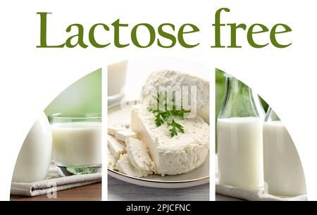 Collage with photos of lactose free dairy products on white background Stock Photo