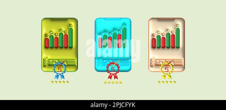 3D review rating stars for the best service rating for data satisfaction graphed, charted Stock Photo