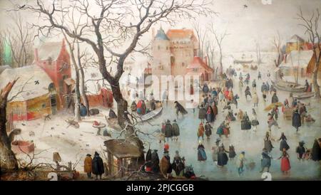Winter Landscape with Ice Skaters, painted by the 16th Century Dutch painter Hendrick Avercamp. Avercamp was deaf and mute and was known as 'de Stomme van Kampen' (the mute of Kampen). Stock Photo
