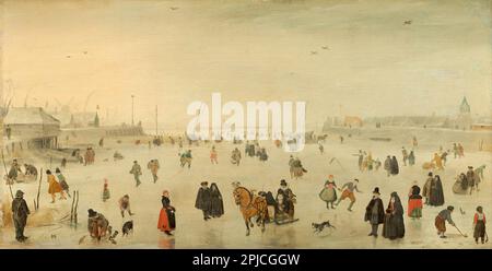 A Scene on the Ice  painted by the 16th Century Dutch painter Hendrick Avercamp. Avercamp was deaf and mute and was known as 'de Stomme van Kampen' (the mute of Kampen). Stock Photo